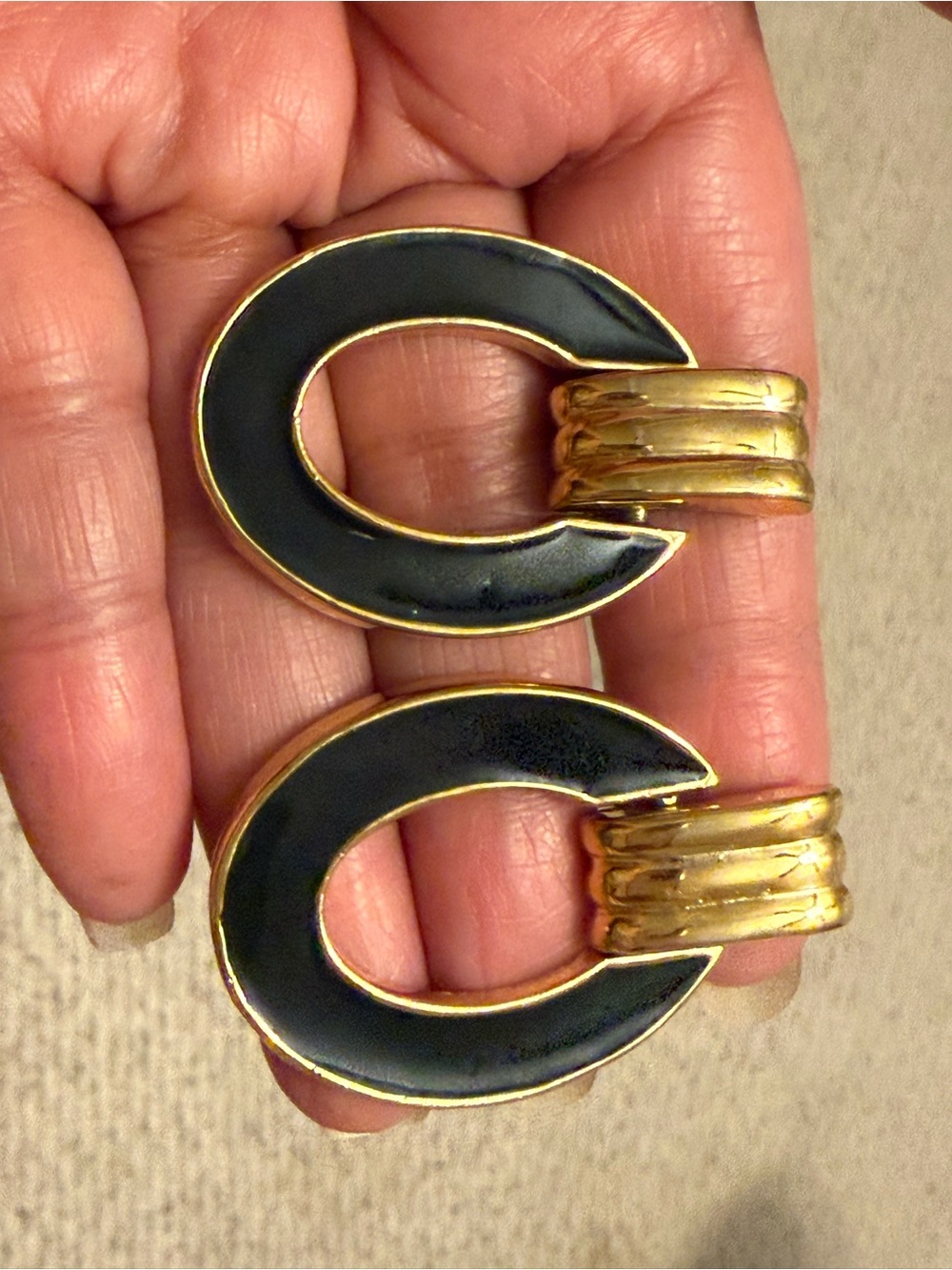 Vintage Door Knocker Gold & Black Enamel Clip-On Earrings